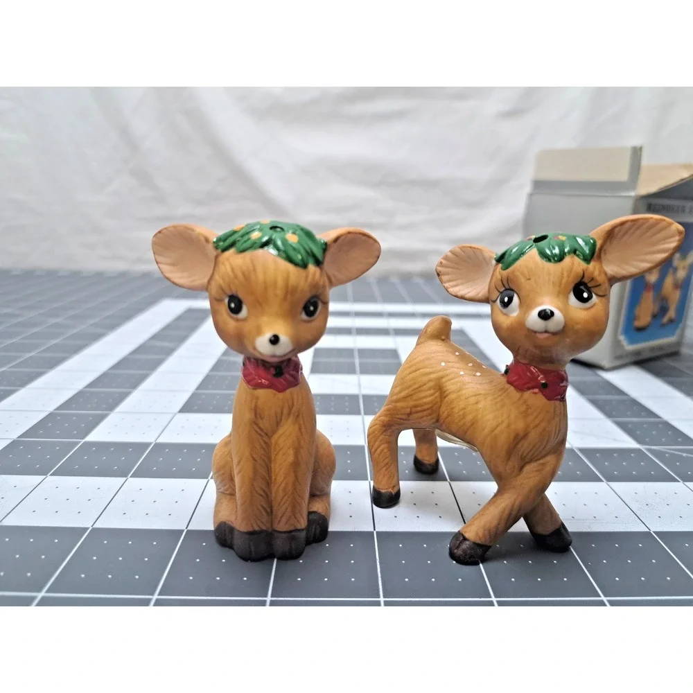 Vintage Reindeer Ceramic Salt and Pepper Shakers Taiwan w/Box Kitschy Christmas